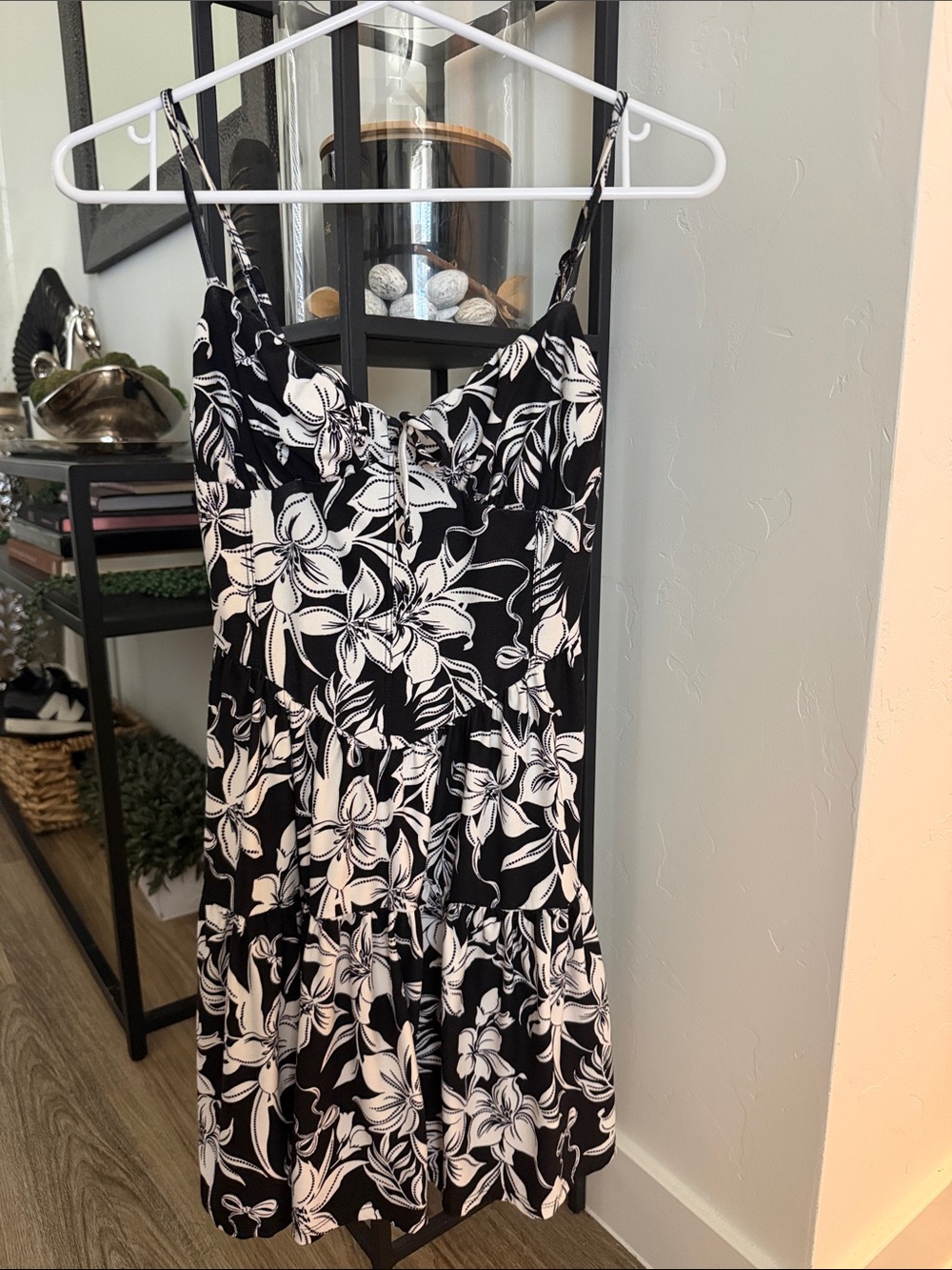 Floral Tiered Spaghetti-Strap Dress in Black & White